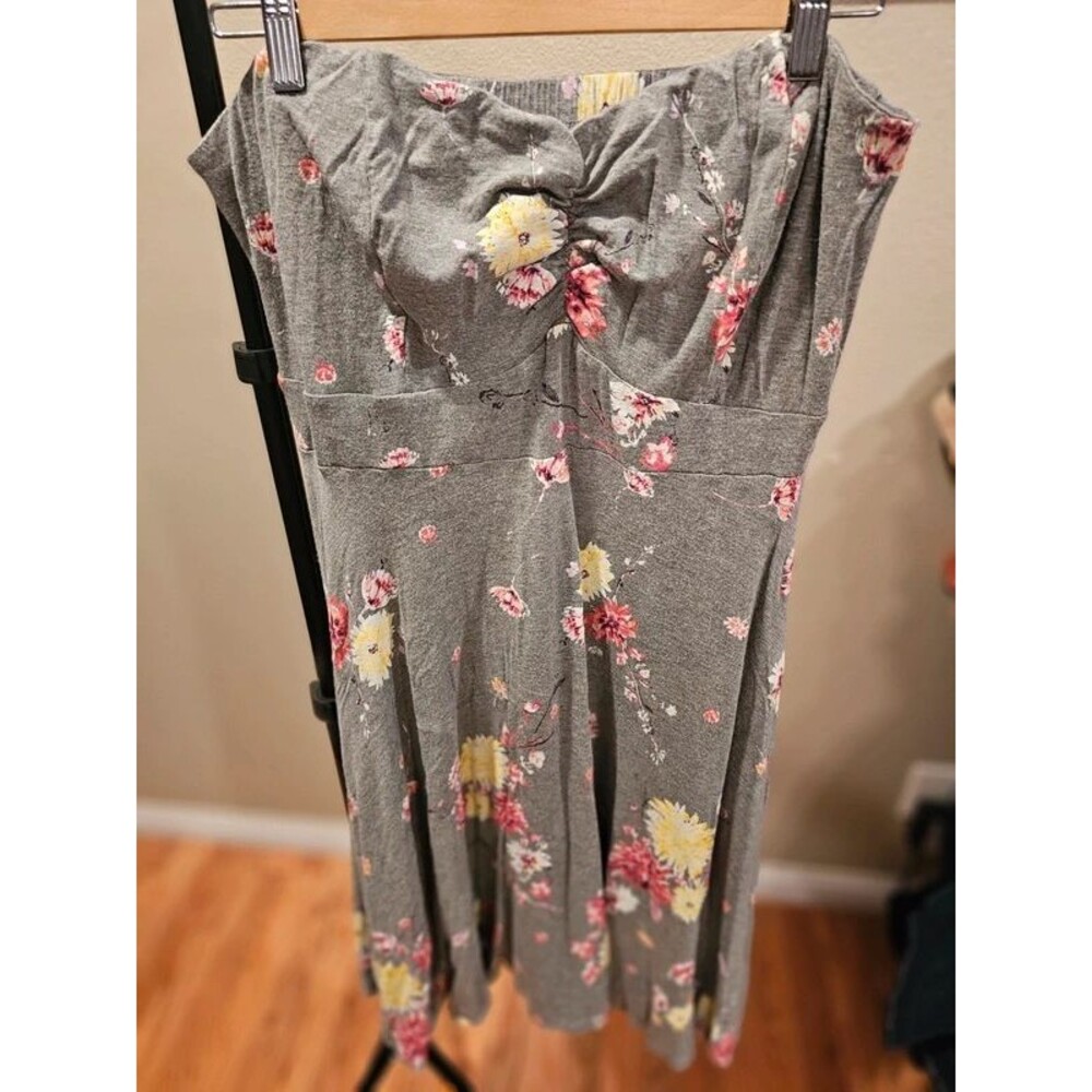 Torrid Grey Floral Strapless Dress with Pink and Yellow Blooms